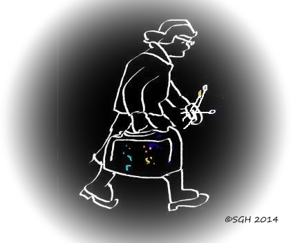 old lady moving on with paint box illustration